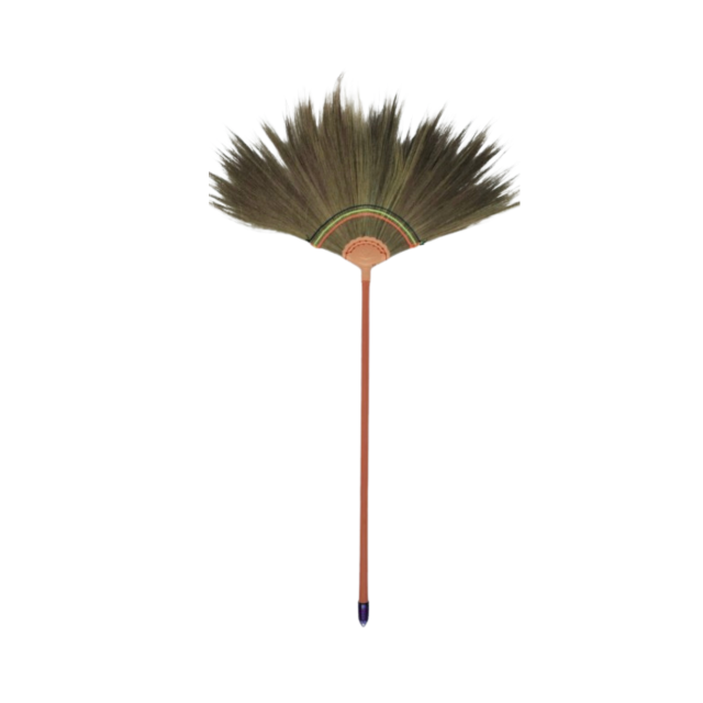 ไม้กวาดดอกหญ้า ด้ามพลาสติก (บาง) เย็บสีส้ม SKU : 1003